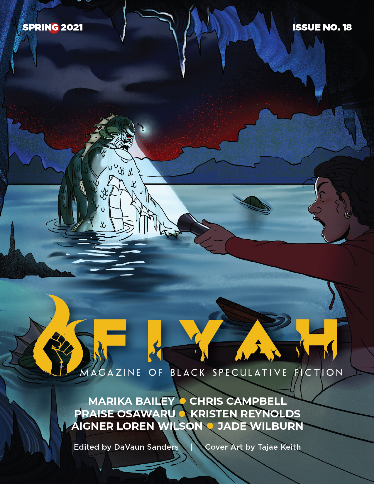 FIYAH 18 cover art featuring black girl shining a flashlight on a lagoon monster in a cave