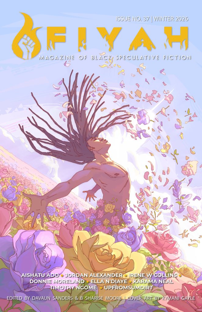 FIYAH Issue 37 cover of person tossing their hair in a field of flowers