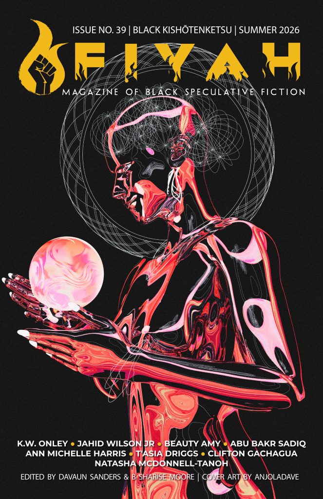 A red figure holds a red moon in her hands against a black backdrop, her head surrounded by a white lattice halo.